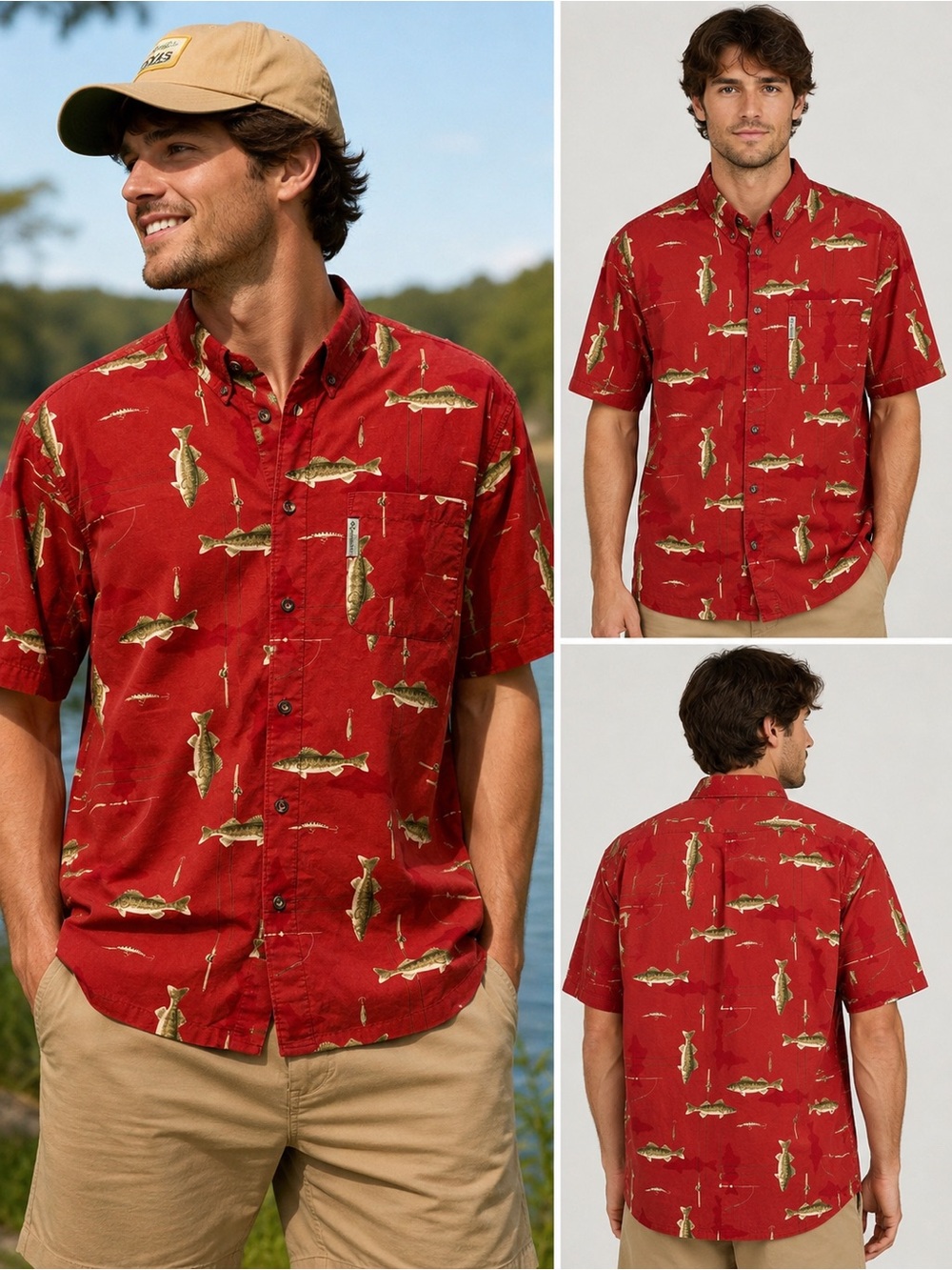 Columbia River Lodge Fish Print Button‎ Up Shirt Red Mens Medium Cotton
